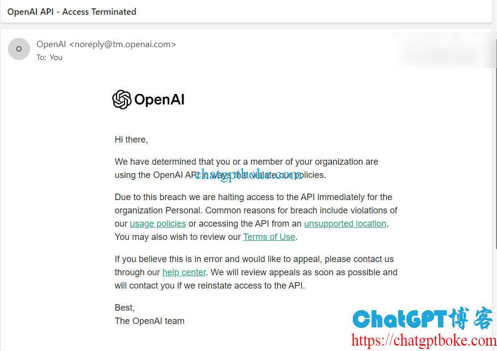 OpenAI和OpenAI API因为使用条例或者调用地址被封号Access Terminated了怎么办？