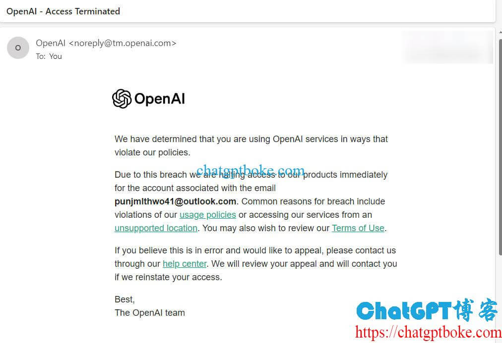 OpenAI和OpenAI API因为使用条例或者调用地址被封号Access Terminated了怎么办？