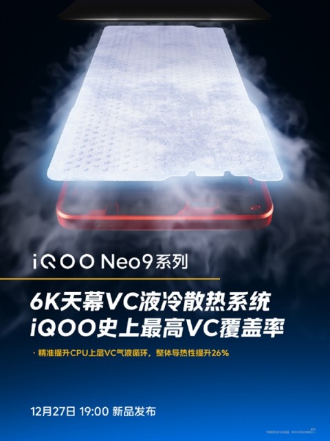 iQOO Neo9全系标配6K天幕VC散热系统：史上最高VC覆盖率