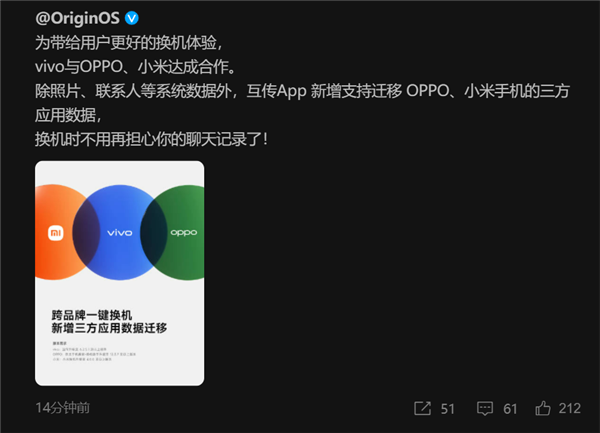 微信聊天记录不用头疼了：vivo、小米和oppo宣布跨品牌换机数据迁移