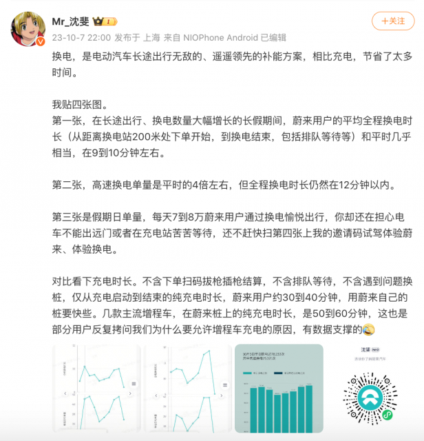 蔚来高管：增程车充电时间是纯电两倍 长途出行换电比充电更节省时间