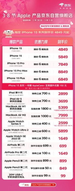 迎3•8节 京东iPhone 15系列、iPad、MacBook等优惠超1000元