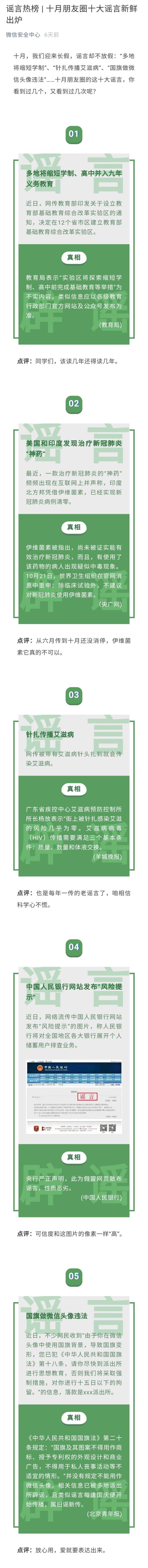 微信公布10月朋友圈十大谣言，包括国旗做微信头像违法等 - 