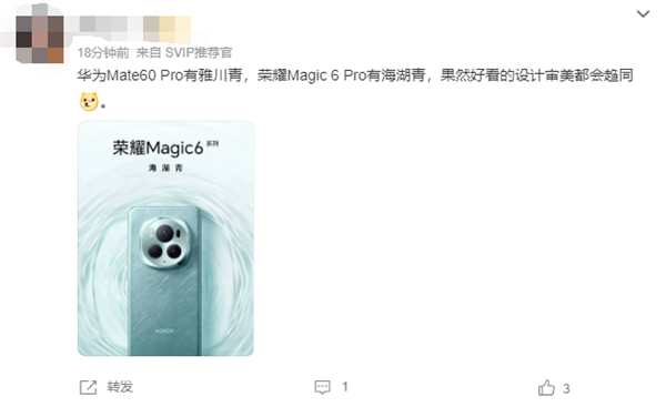 荣耀Magic6海湖青配色公布 网友：好看的设计审美都会趋同