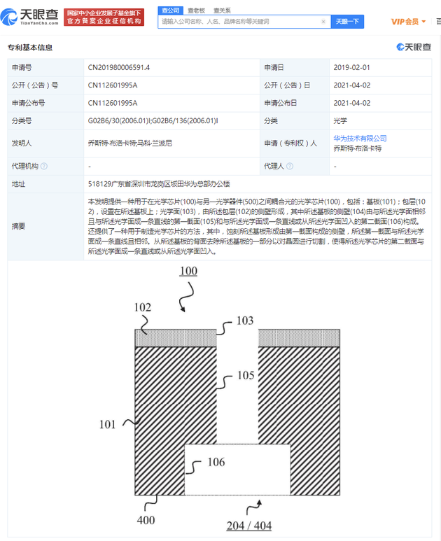 华为关联公司公开“光学芯片”相关专利