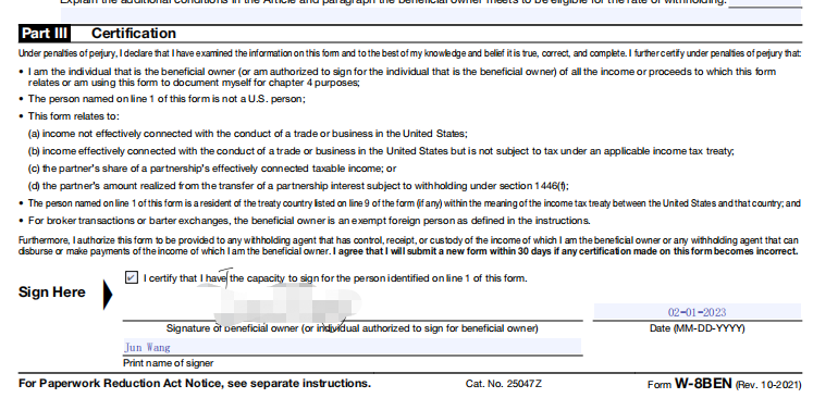 W-8BEN怎么填？这里有一个W-8BEN填写范例-我